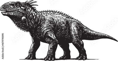 Iguanodon woodcut: Prehistoric majesty rendered in stark black a