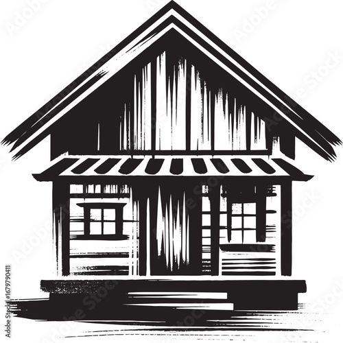 Rustic cabin illustration with sumi-e brush strokes in a simple