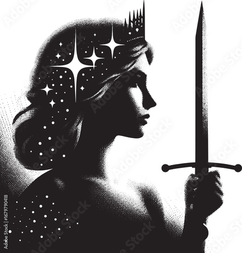 A Silhouette Illustration of a Woman with a Crown Holding a Sword Symbolizing Strength