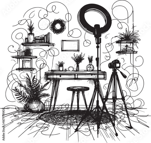 Illustration of a modern workspace setup with a ring light, camera, and decorative elements