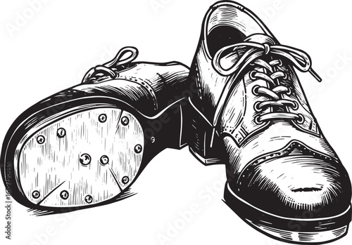 Vintage Tap Shoes Hand Drawn Woodcut Style Black and White Illus