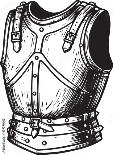 Detailed woodcut drawing of a medieval cuirass isolated on white