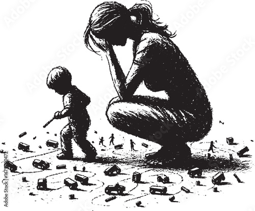 Illustration depicting a mother's exhaustion with a playful child and toys strewn around