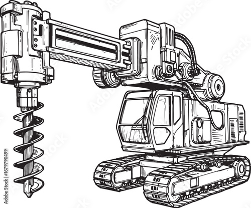 Detailed Woodcut Illustration of an Industrial Drilling Rig Mach