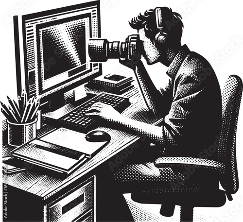 Vector illustration of a man working on a computer and using a camera in his office setting
