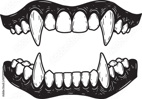 Eerie Vampire Fangs: A Striking Woodcut Illustration on Isolated