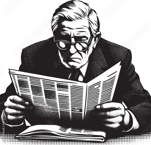An older man in glasses intently reads a newspaper, isolated on a white background.
