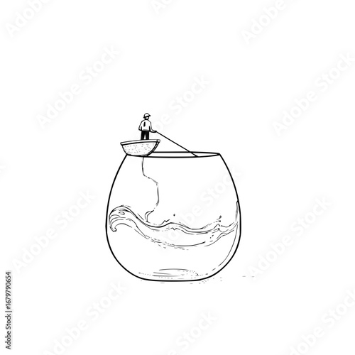 Conceptual art illustration of miniature boat fishing in a fishbowl water drawing design idea art work