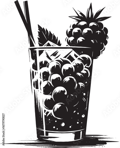 Artistic Sumi-e Style Illustration of Blackberry Mojito Cocktail