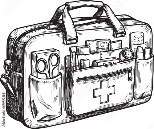 Detailed woodcut style illustration of a fully equipped first ai