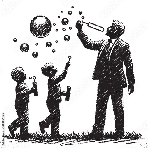 Father and children silhouette blowing bubbles, a heartwarming family moment illustration art