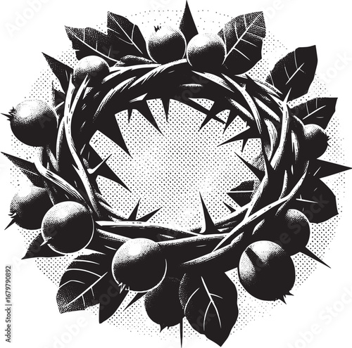Intricate Black and White Illustration of a Crown of Thorns with Berries and Leaves