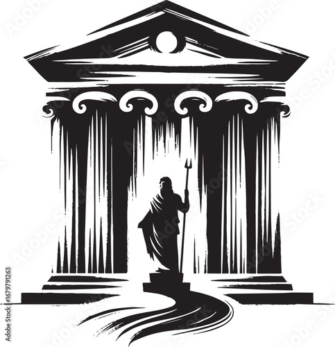 Minimalist sumi-e style temple icon, featuring classic architect