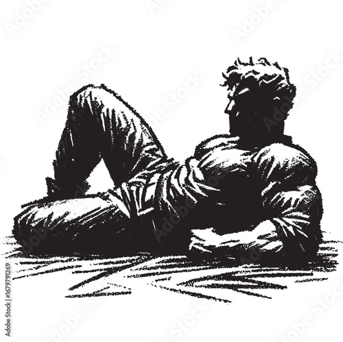 Black and white illustration of a muscular man relaxing on the ground in a casual pose