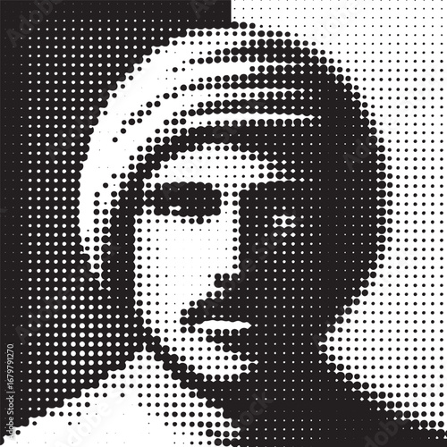 A stylized black and white halftone portrait of a person with a serene expression