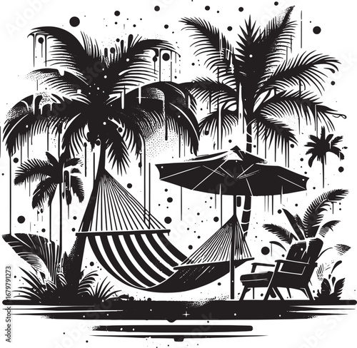 Relaxing Beach Scene: Hammock, Palm Trees, and Umbrella in a Tropical Paradise