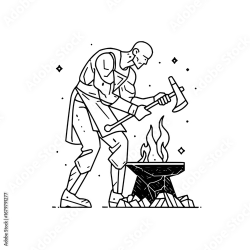 Illustration of blacksmith forging metal with hammer and anvil in line art style for design projects