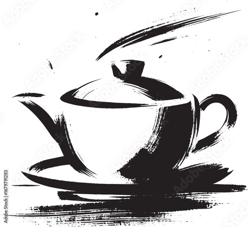 Elegant Tea Time Serenity: A Sumi-e Illustration of a Teapot wit
