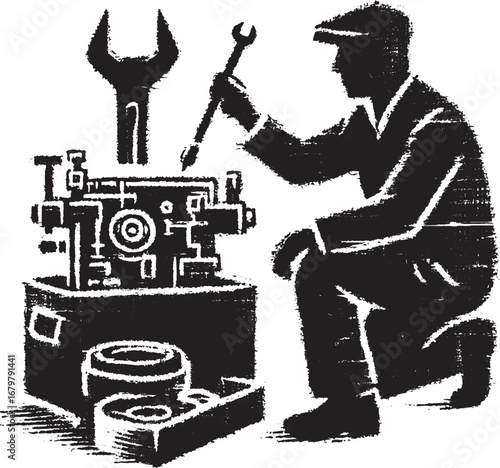 A black and white illustration of a mechanic fixing a machine with a wrench and tools