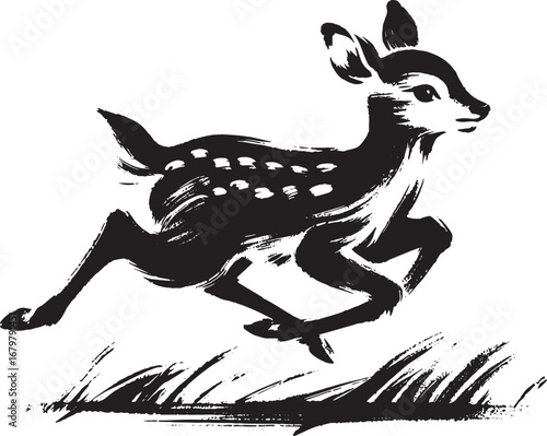 Illustration of a Running Fawn in Black and White with Brushstroke Style