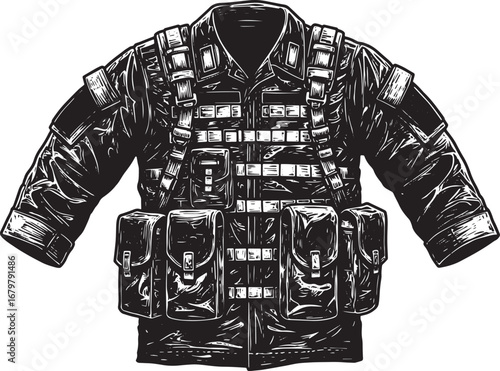 Detailed Woodcut Style Illustration of a Modern Military Combat