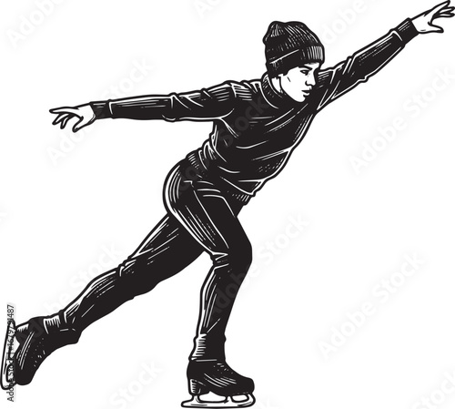Elegant ice skater gracefully gliding, captured in a vintage woo