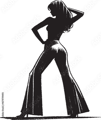 Silhouette of a woman in flared pants striking a pose with her hand on her head