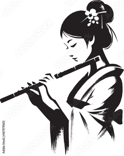 Serene Woman Playing Flute in Minimalist Sumi-e Style Illustrati