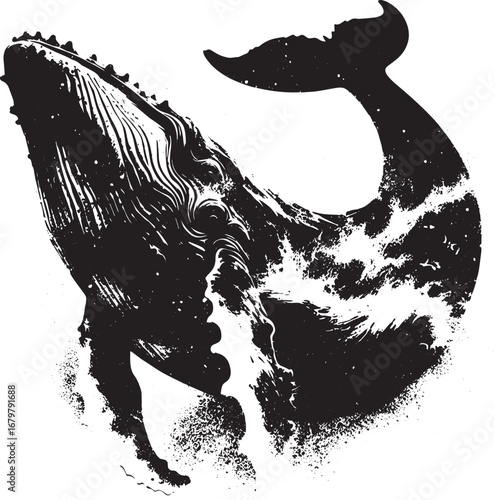 Detailed Black and White Illustration of a Whale Breaching the Surface of the Ocean