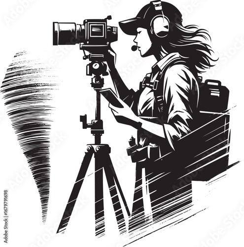 Woman in pursuit of severe weather, using high-tech equipment to