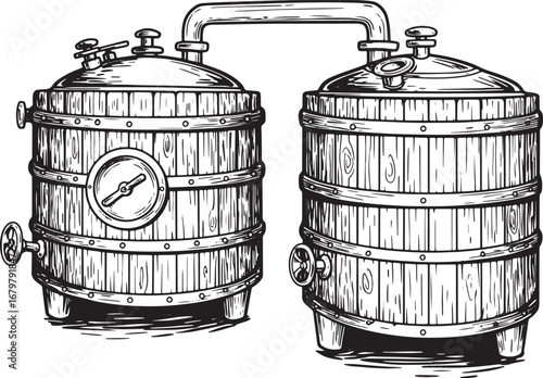 Detailed monochrome illustration of vintage mash tuns with conne