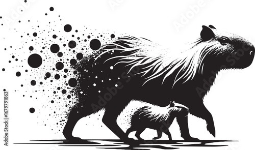 Black and White Illustration of a Capybara Family with Artistic Explosion Effect