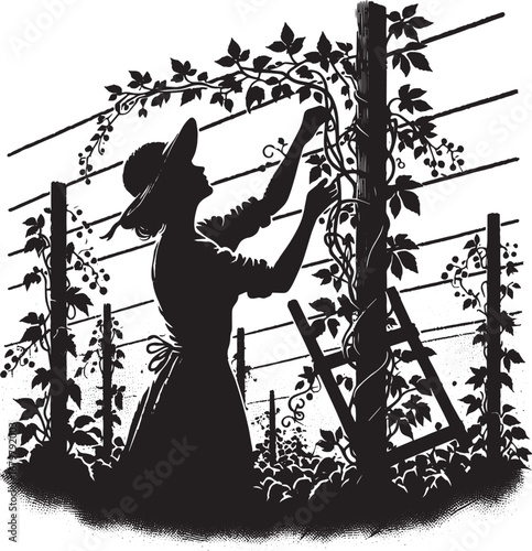 Black and white silhouette of a woman tending vines in a garden with a ladder and hat