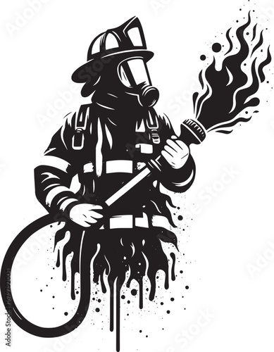 Illustration of a firefighter extinguishing flames with a hose, black and white vector design