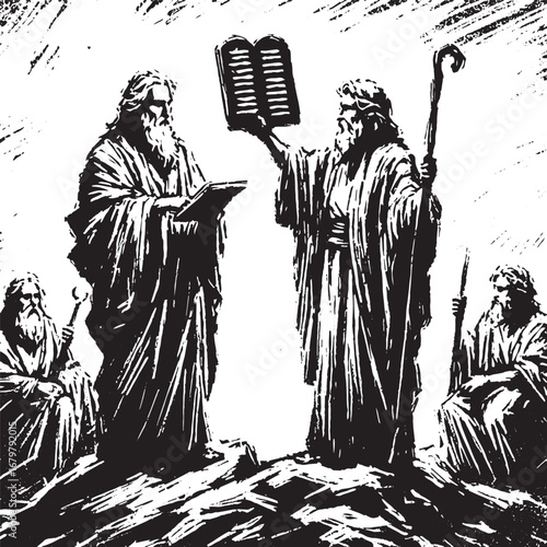 Black and White Illustration Depicting Moses with the Ten Commandments and Other Figures