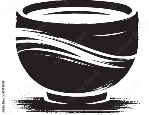 Minimalist Sumi-e Illustration of a Bowl with Flowing Brush Stro
