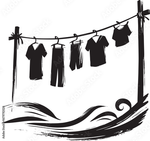 Monochrome clothesline with garments and stylized waves for a si