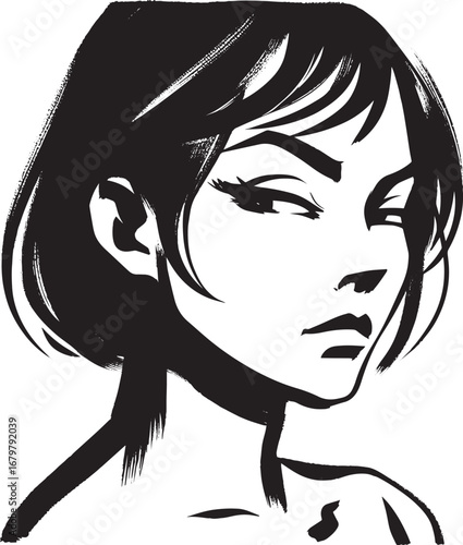 Black and white sumi-e illustration of a woman with a suspicious