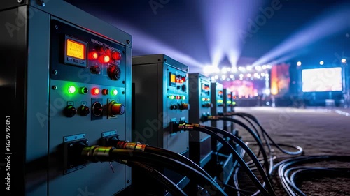 Night scene capturing blinking indicator lights on several synced generators powering an openair music festivals sound and lighting equipment.
