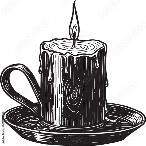 Monochrome illustration of a vintage candle with drips on a cand
