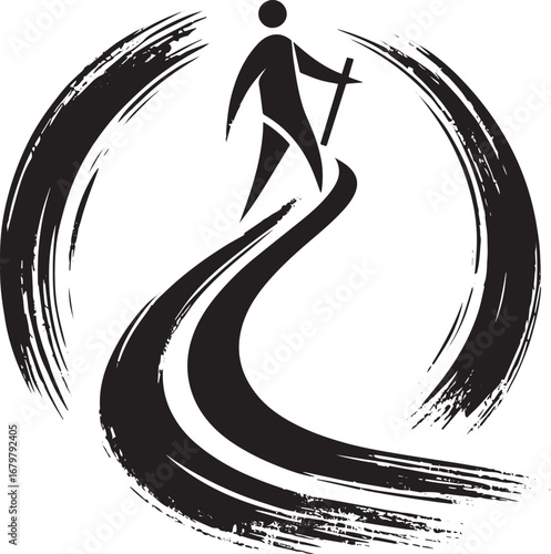 Minimalist trail walker icon with brushstroke aesthetics, journe