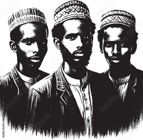 A black and white portrait of three men in traditional hats and jackets, somali culture
