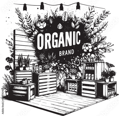 Organic brand promotion illustration with floral elements and wooden crates for design purposes