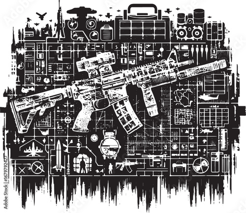 Illustration of an assault rifle with intricate details and tech elements, black and white art
