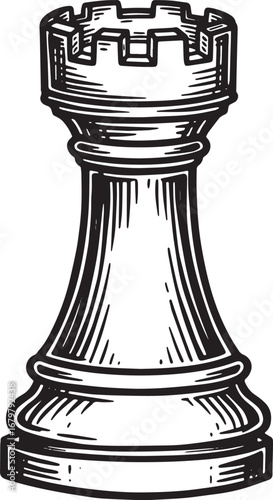 Elegant Black and White Woodcut of a Chess Rook for Strategic Ga