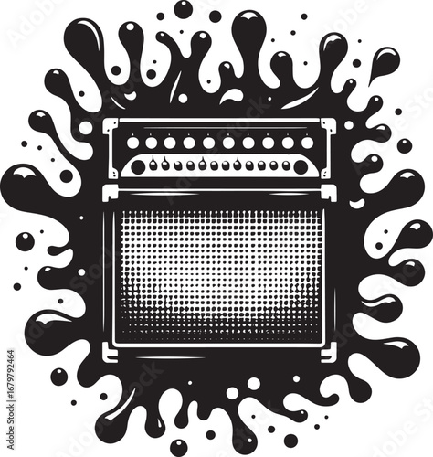 Iconic Illustration of a Guitar Amplifier Splashed with Ink, Perfect for Music and Design Projects