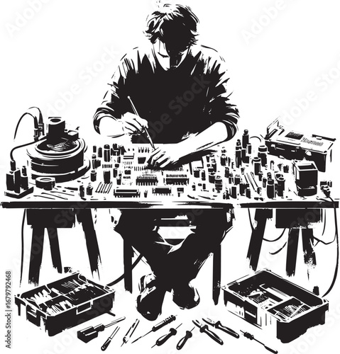 Minimalist sumi-e illustration of a man meticulously assembling