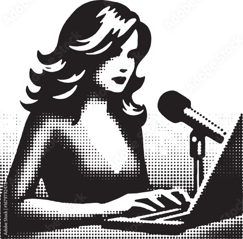 Illustration of a woman speaking with a microphone and working on a laptop computer