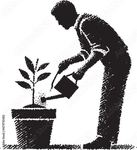 Silhouette of a Man Watering a Plant in a Pot Symbolizing Growth and Nurturing Process