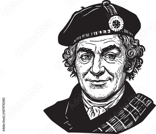 Monochrome woodcut of a man in traditional scottish attire on wh